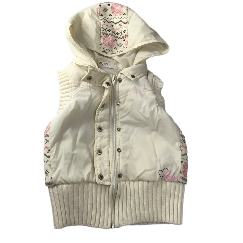ROXY Zip Up Vest with Hood. Size Girl's L Ivory White with Pink Gray Fair Isle